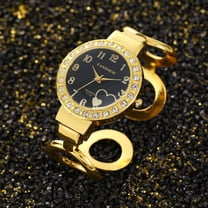 Golden Crystal Bracelet Watch for Women Black Dial Quartz Bangle Watch with Heart Detail Elegant Jewelry Wristwatch