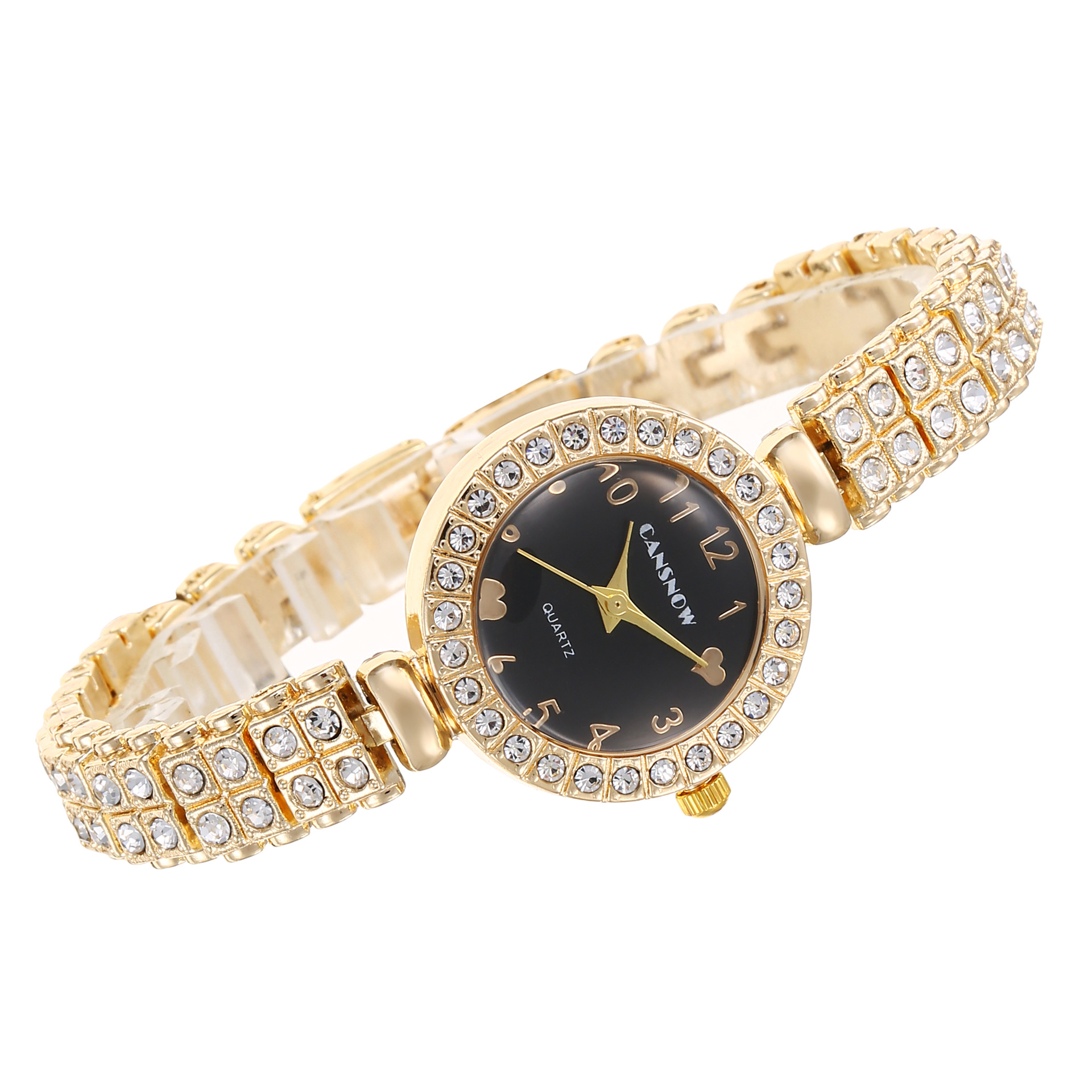 Golden Crystal Bracelet Watch for Women Black Dial Quartz 