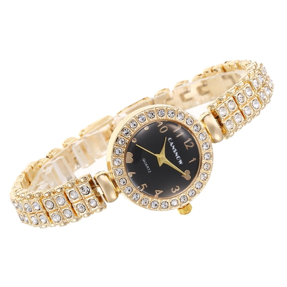 Golden Crystal Bracelet Watch for Women Black Dial Quartz Wristwatch Luxury Elegant Bangle Watch