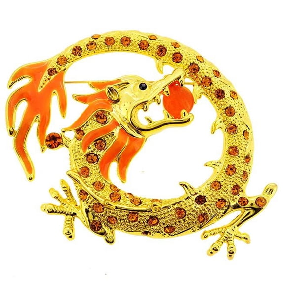 Golden Crystal Dragon Pin Brooch - Silver - 2.75 x 2.375 in.