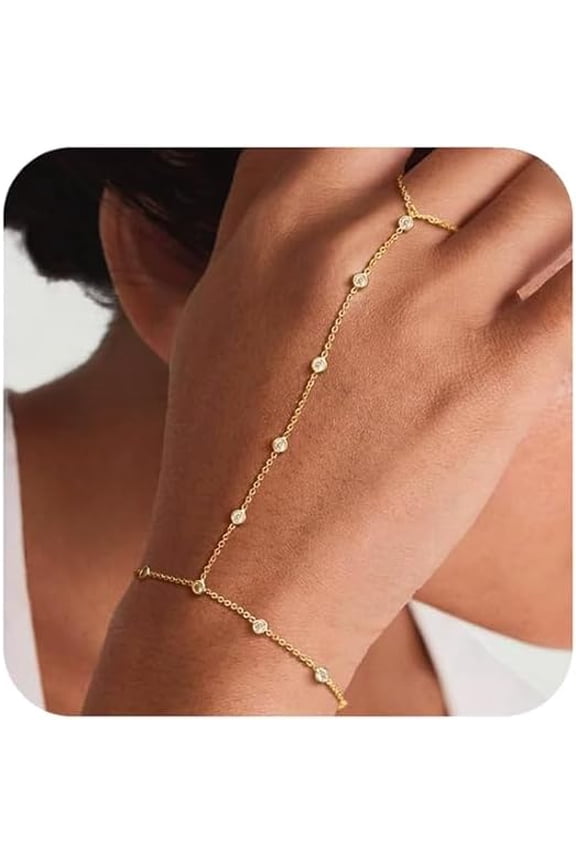 Golden Crystal Hand Chain Ring Bracelet With Finger Ring for Women, L Size