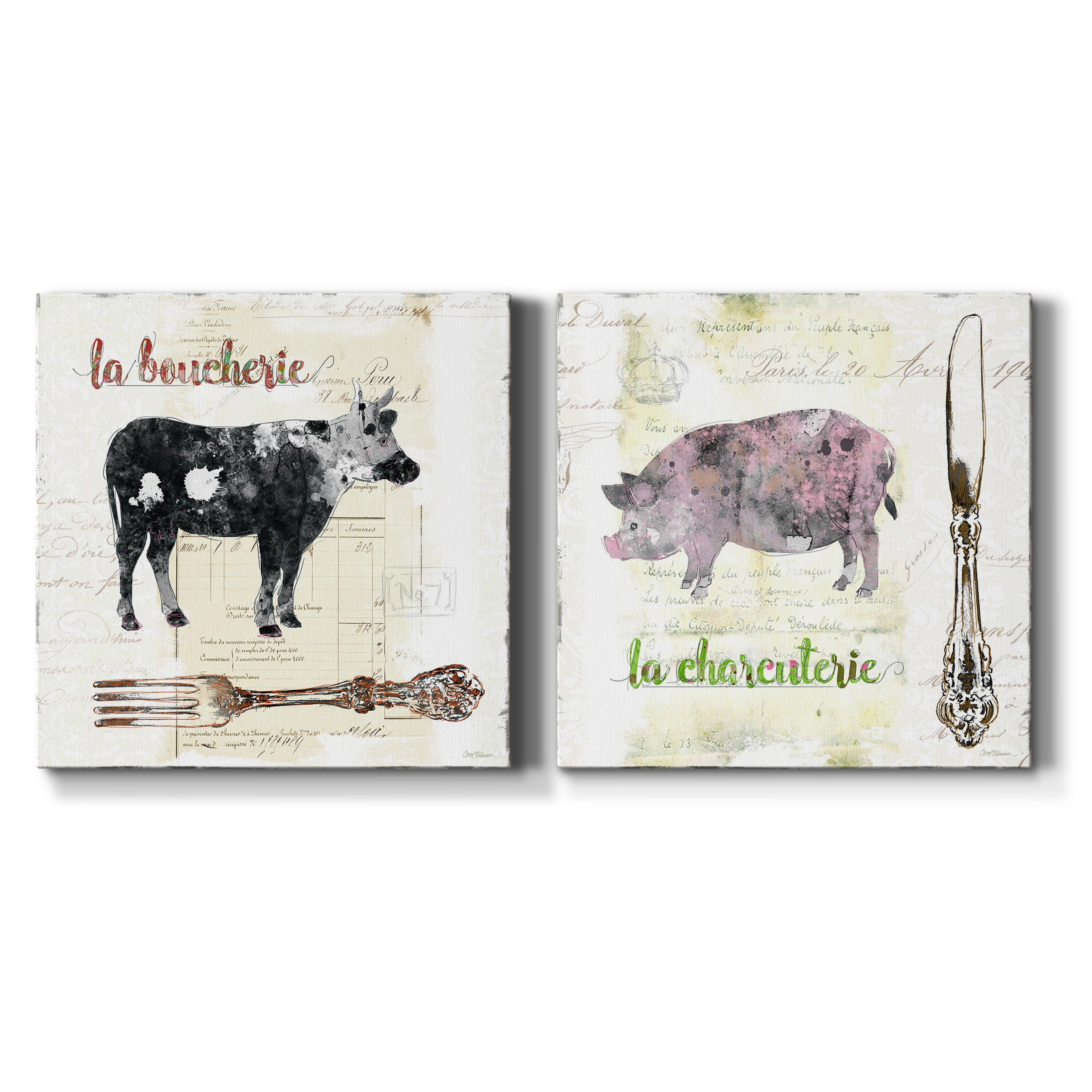 Golden Cuisine Cow - Premium Gallery Wrapped Canvas - Ready to Hang Set of 2 - 16 x 16 Each