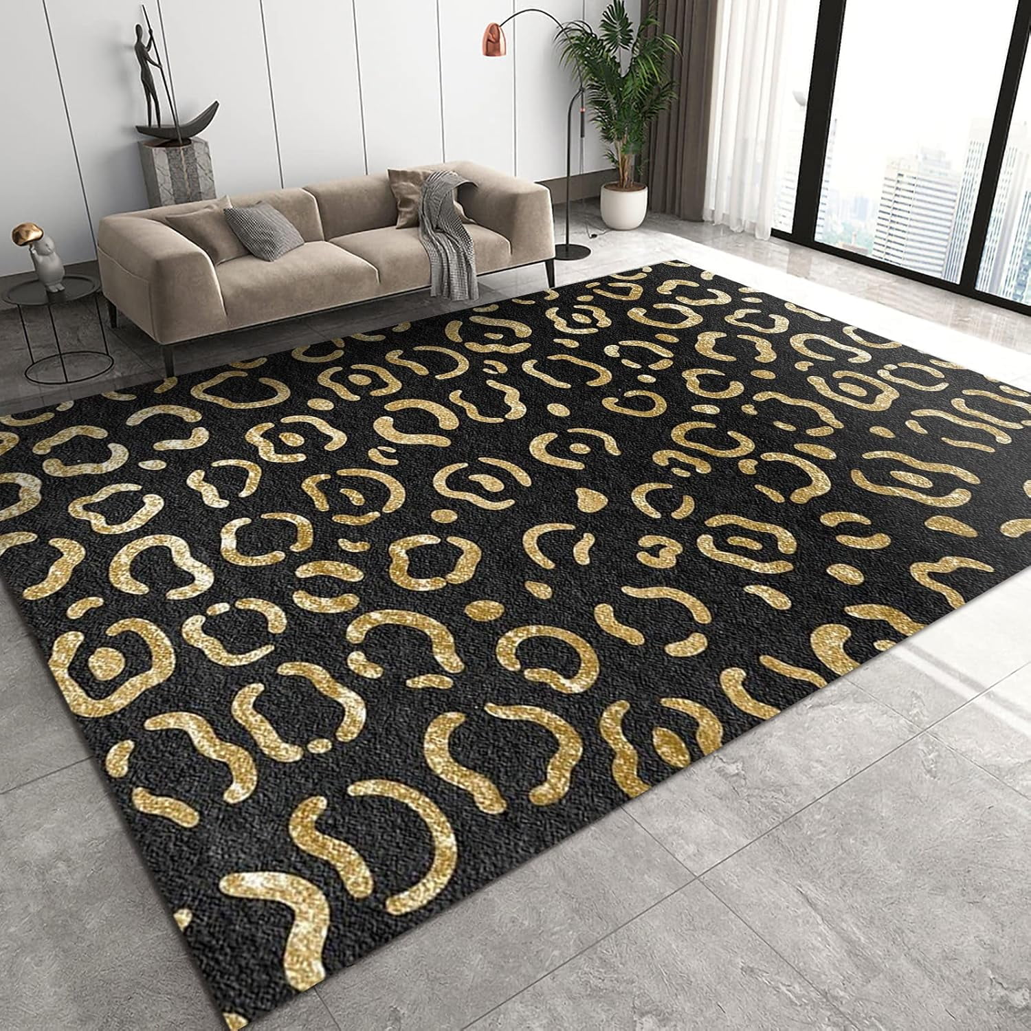 Golden Curved Stripes Area Rugs, Light Luxury Fashion Abstract Leopard ...