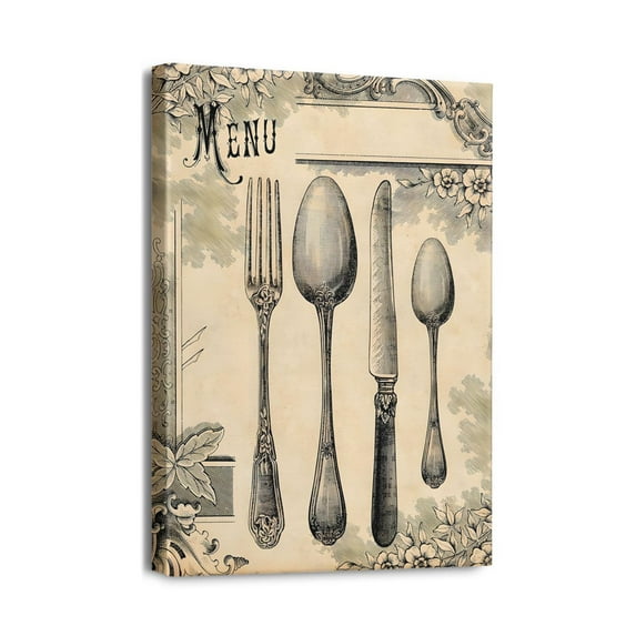Golden Cutlery Painting Print Rustic Fork, Knife, Spoon Wall Art for Kitchen (12X16inch)