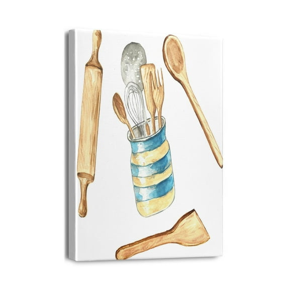 Golden Cutlery Wall Decor Vintage Rustic Fork, Knife, Spoon Canvas Print for Kitchen (12X16inch)