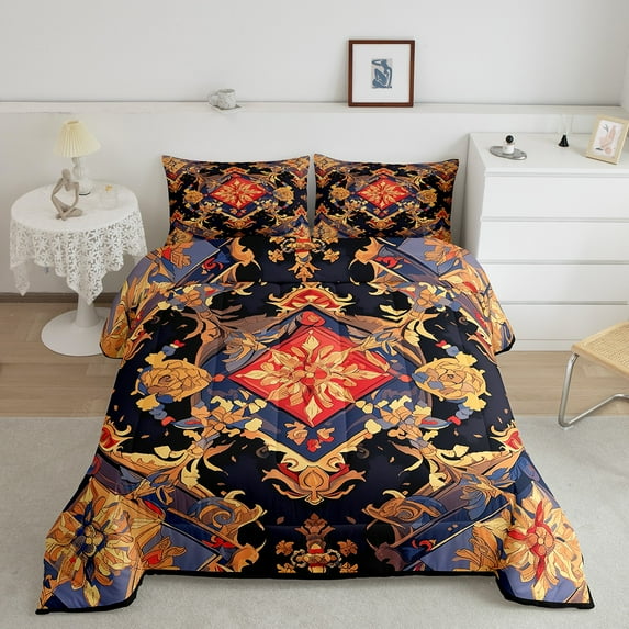 Golden Damask Comforter Set Victorian Baroque Classic Style Bedding Gothic Antique Vintage Floral Bedding Comforter Sets Bohemian Exotic Mothers Day Gifts Quilted Duvet Set with 1 Pillowcase,Twin