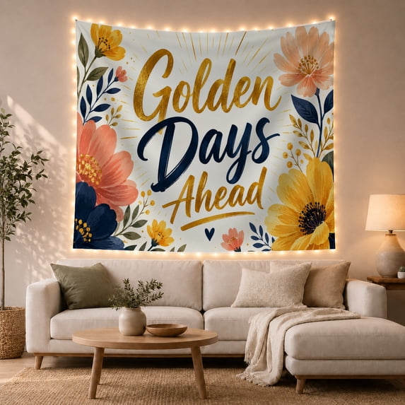 Golden Days Ahead Among Coral and Navy Blooms, Inspirational Illustration for Typography Fans, Botanical Wall Art, Graduation Gift, Tapestry Wall Hanging for Bedroom and Dorm