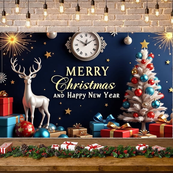 Golden Decor Christmas Banner Reindeer Design Holiday Display Christmas Tree Pattern Gift Box Elements Merry Christmas Backdrop for Christmas Party New Year Celebration Holiday Gathering