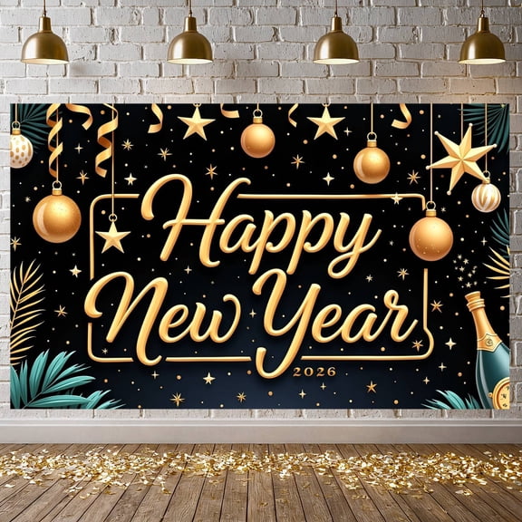 Golden Decor Happy New Year Banner Star Pattern Festive Backdrop Christmas Balls Green Palm Leaves Holiday Background for New Year Party 2026 Celebration Holiday Gathering