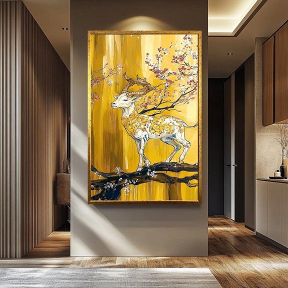 Golden Deer Abstract Wall Art Hand Painted Cherry Blossom Nature Decoration, Unframed Paper Poster 8x10in