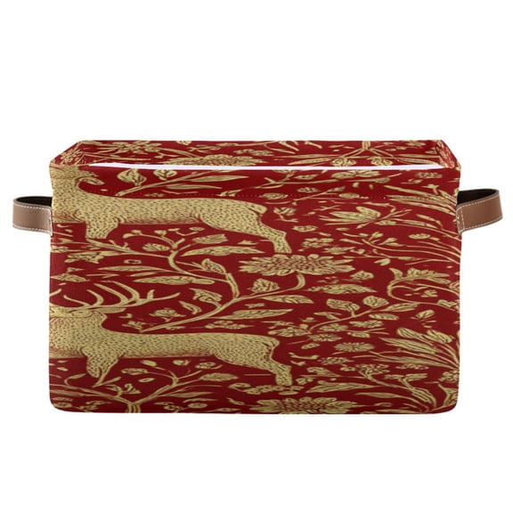 Golden Deer Flowers Symmetrical Christmas Square Storage Bins with Handles Collapsible Containing Box 1 Pack