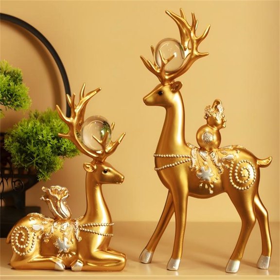 Golden Deer Ornament Set with Lucky Symbols, 11Inch Standing & 8Inch Laying Deer with Gold Ingot Decor, Home Decor for Living Room, Wealth Themed Tabletop Display