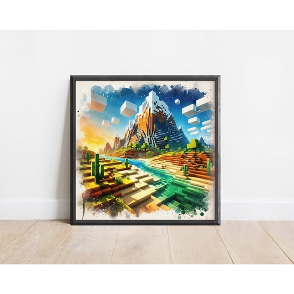 Golden Desert Mountain Landscape in Minecraft World – Cinematic Gaming Wall Art Poster Print 8x12 UNFRAMED