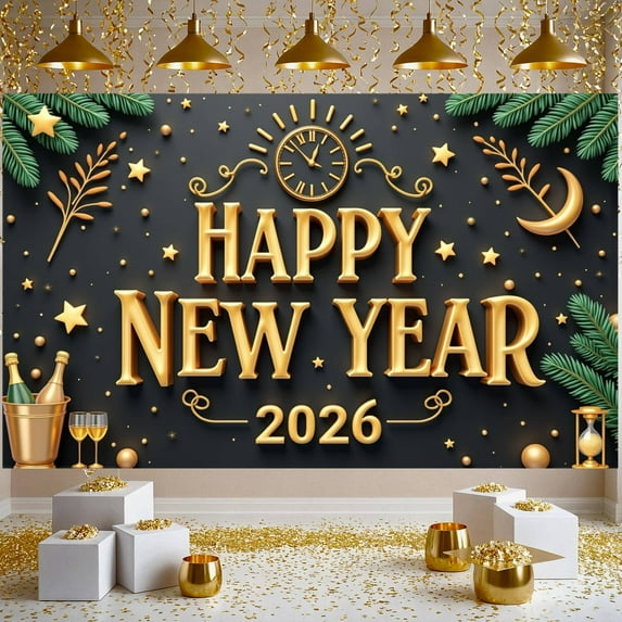 Golden Design Happy New Year Banner Festive Style New Year Display Clock Pine Branch Decor 2026 Backdrop for New Year Party Holiday Celebration Indoor Decoration