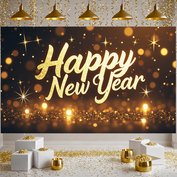 Golden Design Happy New Year Fireworks Scene Celebration Banner for New Year Party Event Outdoor Decor