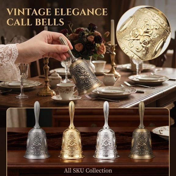 Golden Desk Bell, Vintage Christmas Decorations, Antique Decor, Christmas Decoration, 4.5X2 Inch Embossed Floral Metal Hand Bell, Multi-Scenario Use As Serving Bell, Classroom