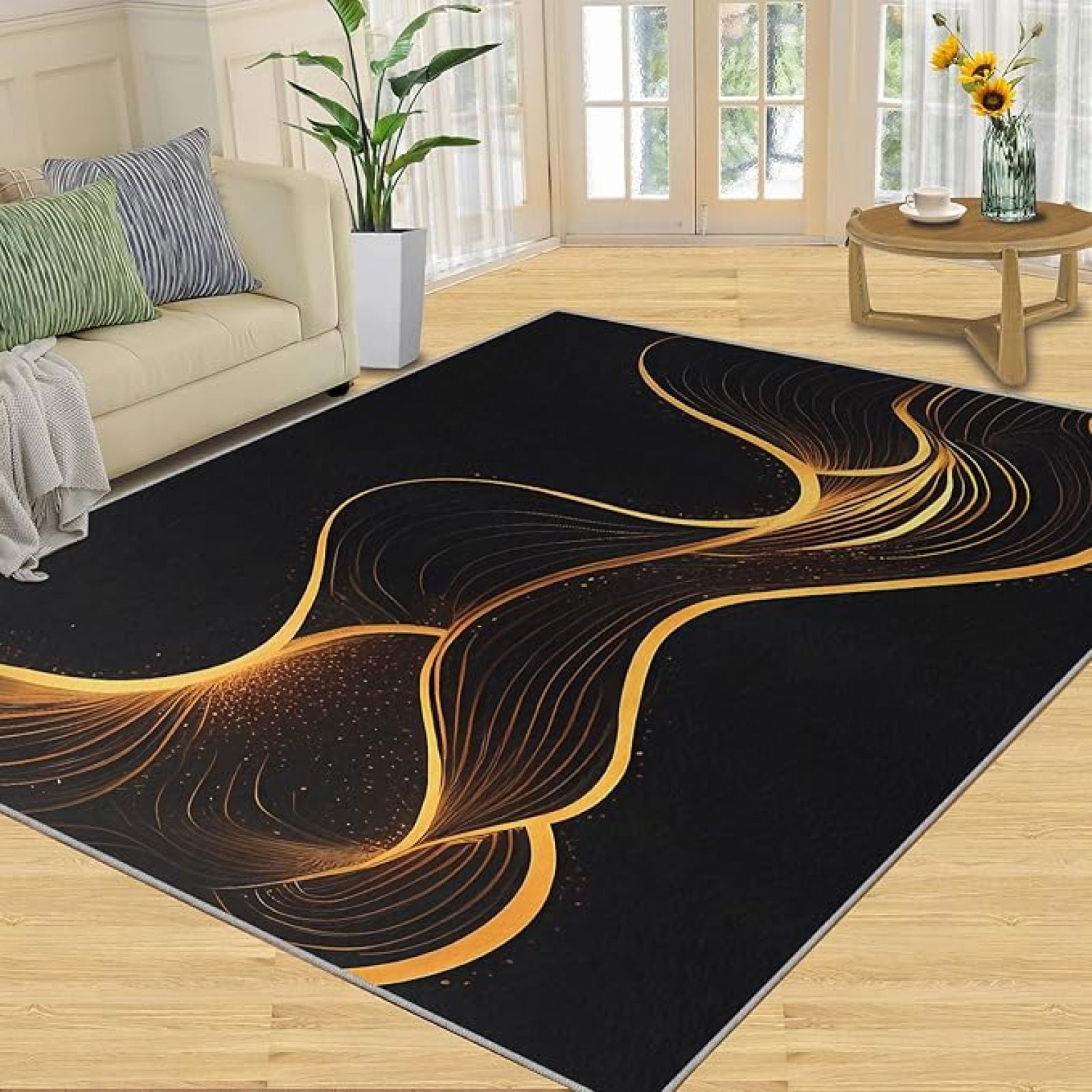 Golden Distorted Grid Area Rug, Black Background Lines Rugs For Living ...