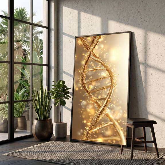 Golden Dna Helix Art Molecular Art Science Wall Decoration Modern Abstract Biology Art Glowing Spiral Structure Artwork, Unframed Paper Print