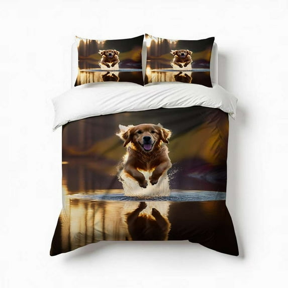 Golden Dog Splash Reflection Bedding Set 3 Pcs Soft Microfiber Quilt Cover For Bedroom Decor, Comforter Cover With 2 Pillowcase
