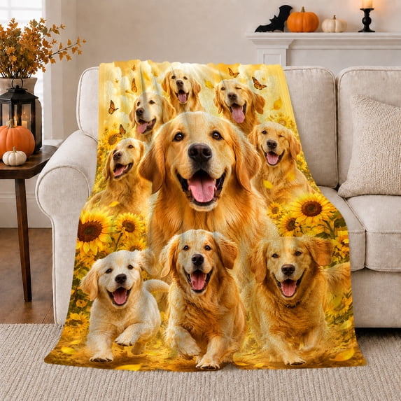 Golden Dogs and Sunflowers Illustrated Print Soft Flannel Blanket, Botanical Art Style for Floral Art Lovers, Housewarming Gift for Bedroom and Living Room, Home Decor