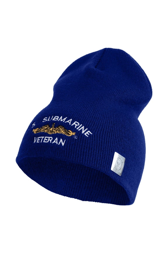 Golden Dolphin US Submarine Veteran Symbol Embroidered Heavyweight Classic Knit YP Short Beanie - Royal OSFM