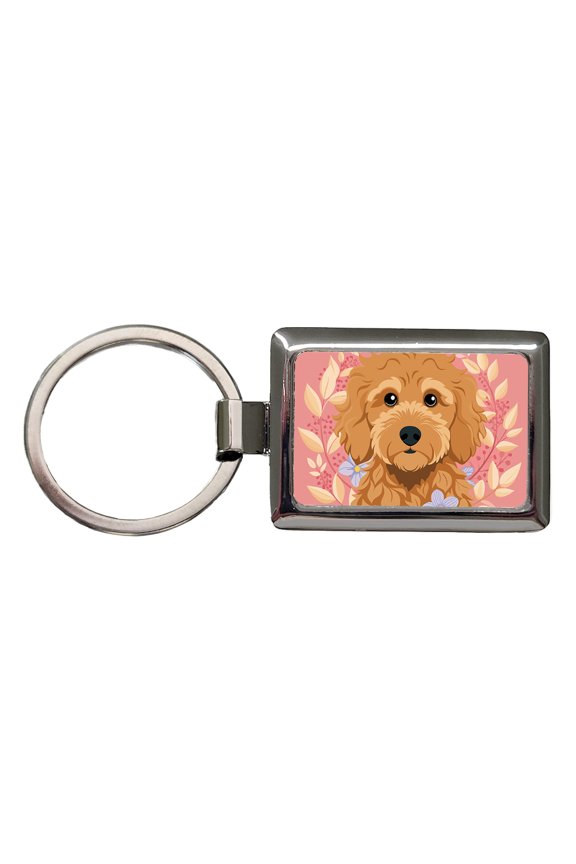 Golden Doodle Brown Head Floral Motif Pink Dog Metal Rectangle Keychain