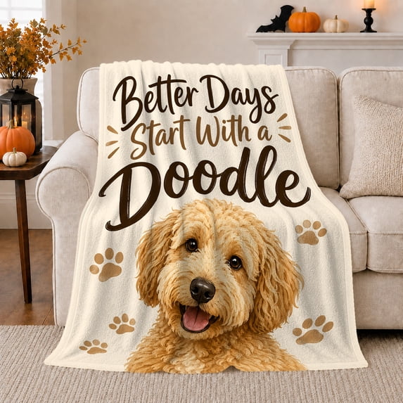 Golden Doodle Dog Autumn Living Room Decorative, Playful Pet Portrait Pattern, Warm Flannel Blanket for Living Room and Bedroom, Dog Lovers Thanksgiving Gift, Pet Lover Home Decor