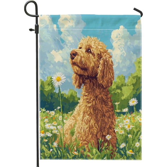 Golden Doodle Dog Garden Flag, Spring Daisy Pixel Design, Vertical Linen Yard Flag for Outdoor Decor, 12 x 18 Inch