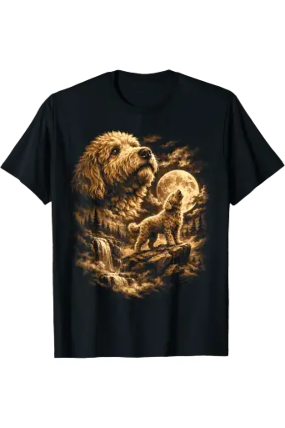 Golden Doodle Dog Howling Moon Fantasy Forrest Wilderness T-Shirt