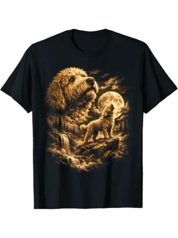 Golden Doodle Dog Howling Moon Fantasy Forrest Wilderness T-Shirt
