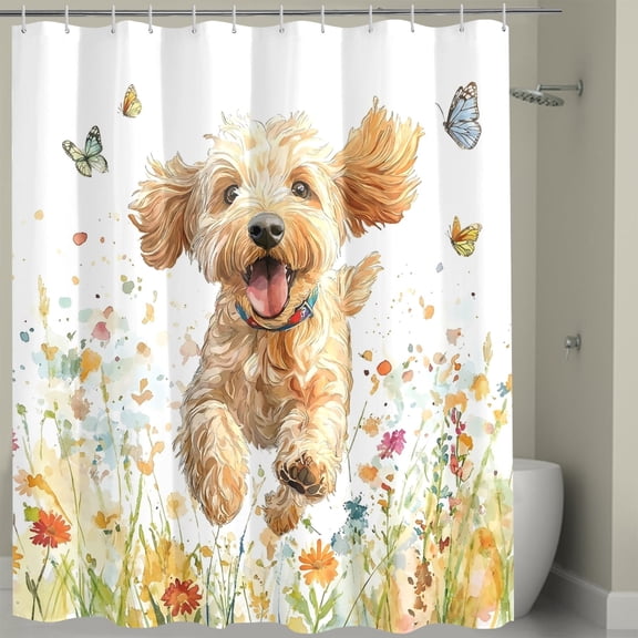Golden Doodle Dog Shower Curtain Set, Watercolor Floral Plant Shower Curtain, Spring Pet Bathroom Accessories, Fabric Decorative 72 x 72 inch