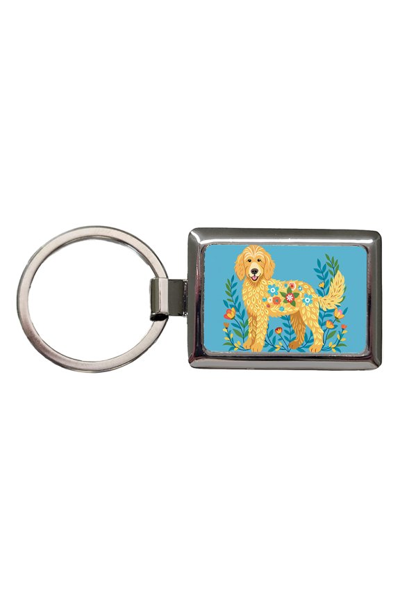 Golden Doodle Floral Motif Blue Dog Metal Rectangle Keychain