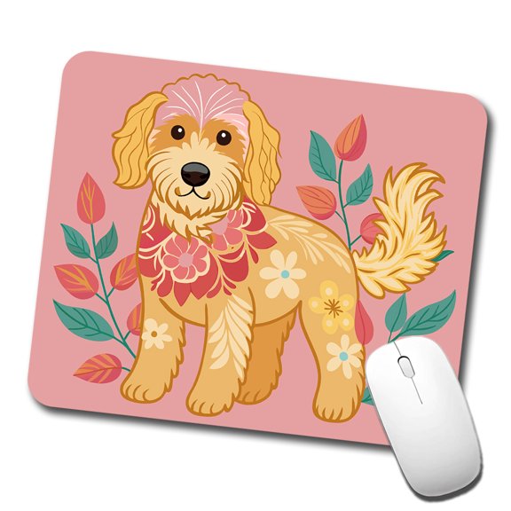 Golden Doodle Floral Motif Pink Dog Mouse Pad Low Profile Gaming Mat