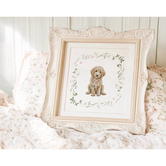 Golden Doodle Nursery Decor – Pink Floral Puppy Wall Art Coquette Nursery Posterable for Baby Girl Room