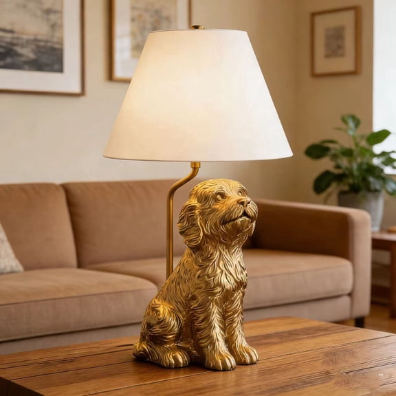 Golden Doodle Table Lamp with Painted Gold Finish – 18 Inch Catalina-Style Dog Lamp with Tapered Linen Shade, Rotary Switch Accent Light for Living Room, Bedroom or Office