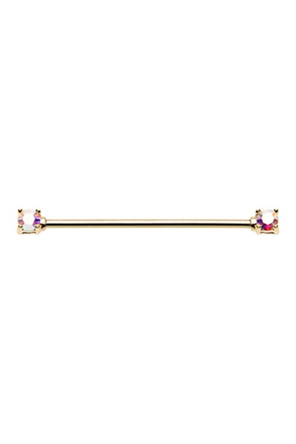 Golden Double Prong Brilliant Sparkle Gem Industrial Barbell