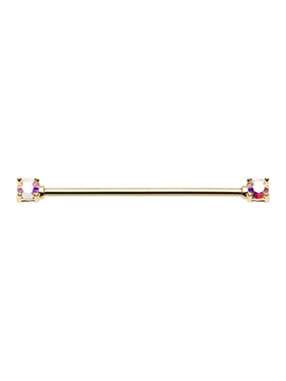 Golden Double Prong Brilliant Sparkle Gem Industrial Barbell