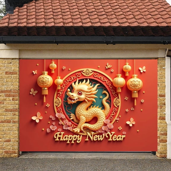 Golden Dragon Chinese New Year Banner Red Background Dragon Display Chinese Lanterns Floral Decor New Year Backdrop for New Year Celebration Home Party Festival Decoration