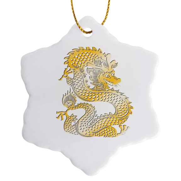 3drose, Golden Dragon Chinese Zodiac Symbol, 3 inch Snowflake Porcelain Ornament