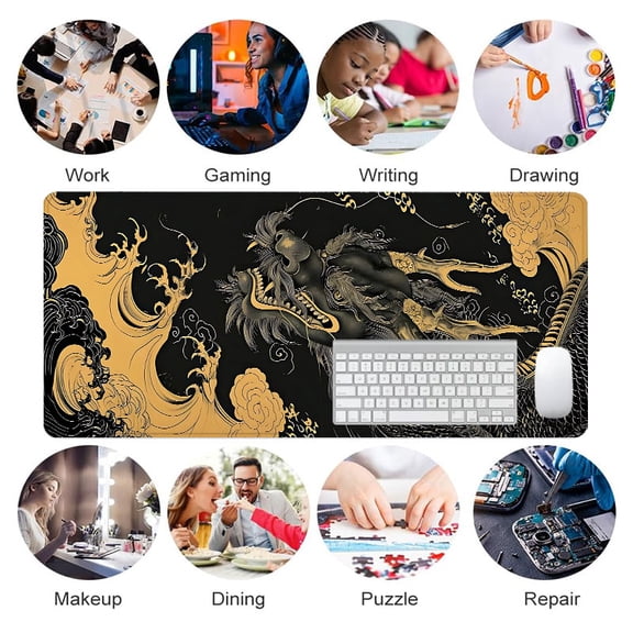 Golden Dragon Design Rubber Mouse Pad 31.5 x 11.82 Inches Black and Gold Artistic Desk Accessory for Office and Gaming