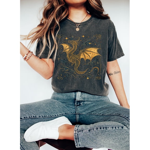 Golden Dragon Fantasy T-Shirt, Gothic Dragon Tee, Celestial Witchcore Shirt, Mystical Creature T-shirt, Wizardcore Aesthetic Shirt, F5805 All Size S-5Xl