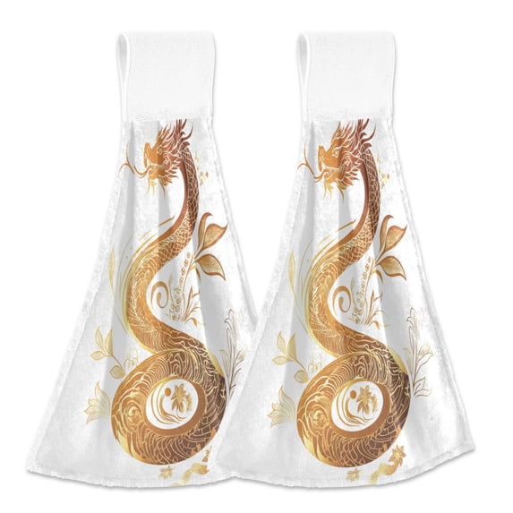 Golden Dragon Flowers Hanging Towels with Loop Hand Towels Nylon Fastener Tape Design Dish Cloths 2 Pieces