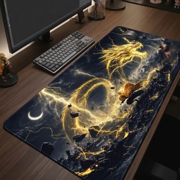 Golden Dragon Gaming Mouse Pad, Lightning Fantasy Desk Mat, Mythical Dragon Computer Accessory
