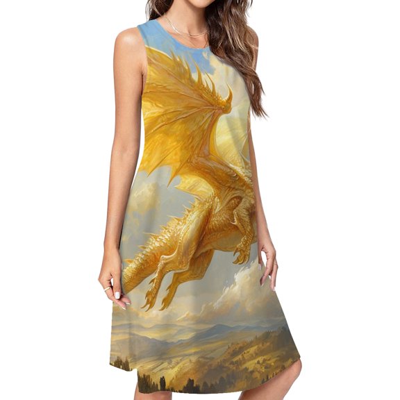 Golden Dragon In Flight Casual Sleeveless Loose Sundress Dress For Women Summer Dress Daily Woman