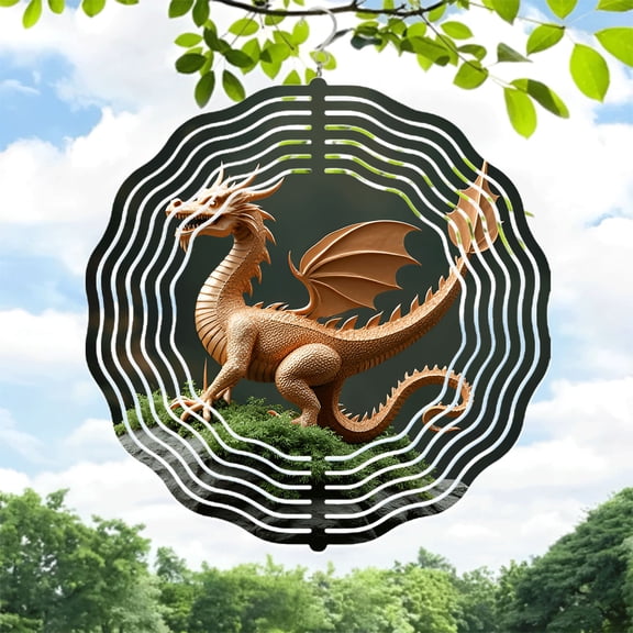 Golden Dragon Metal Hanging Wind Spinner - Intricate Scales & Wing Design Dynamic Concentric Wave Pattern for Yard & Garden Decor