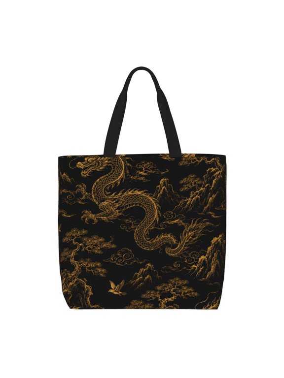 Golden Dragon Mountain Scenic Art Zippered Tote Bag Large Capacity Shoulder Handbag for Shopping, Work, Travel