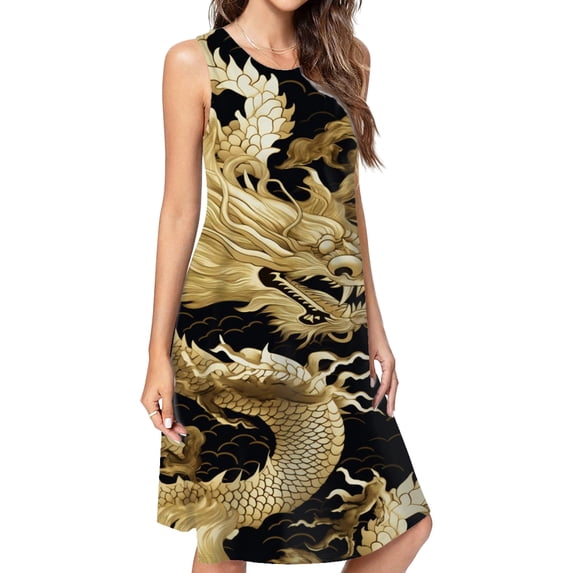 Golden Dragon On Black Background Dress Elegant Party Dresses Evening Dresses Women Dress Sleeveless Dress Ladies Dresses
