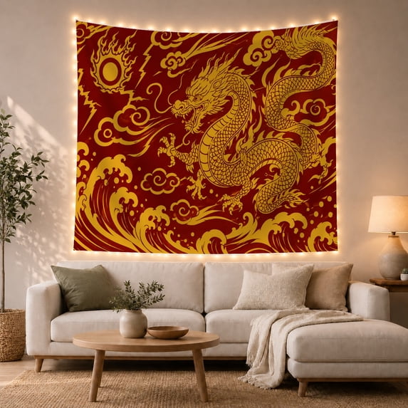 Golden Dragon Pair on a Red Cloud Field, Dramatic Vintage Style for Dragon Lovers, Dragon Wall Art, Housewarming Gift, Tapestry Wall Hanging for Bedroom and Living Room