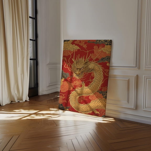 Golden Dragon On Red - Oriental Wall Art With Traditional Chinese Clouds For Cultural Elegance And Bold Decor Wall Art, Modern Wall Decor, 8x12 UNFRAMED