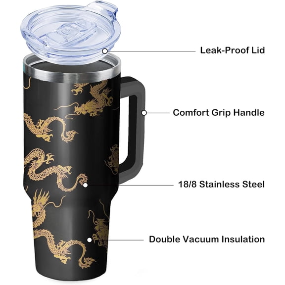 Golden Dragon Tumbler with Handle and Straw, 40 oz Stainless Steel Pink Insulated Cup with Lid and Straw,Travel Coffee Mug Water Bottle, Birthday Christmas Mothers Day Gifts for Animal Lovers Women